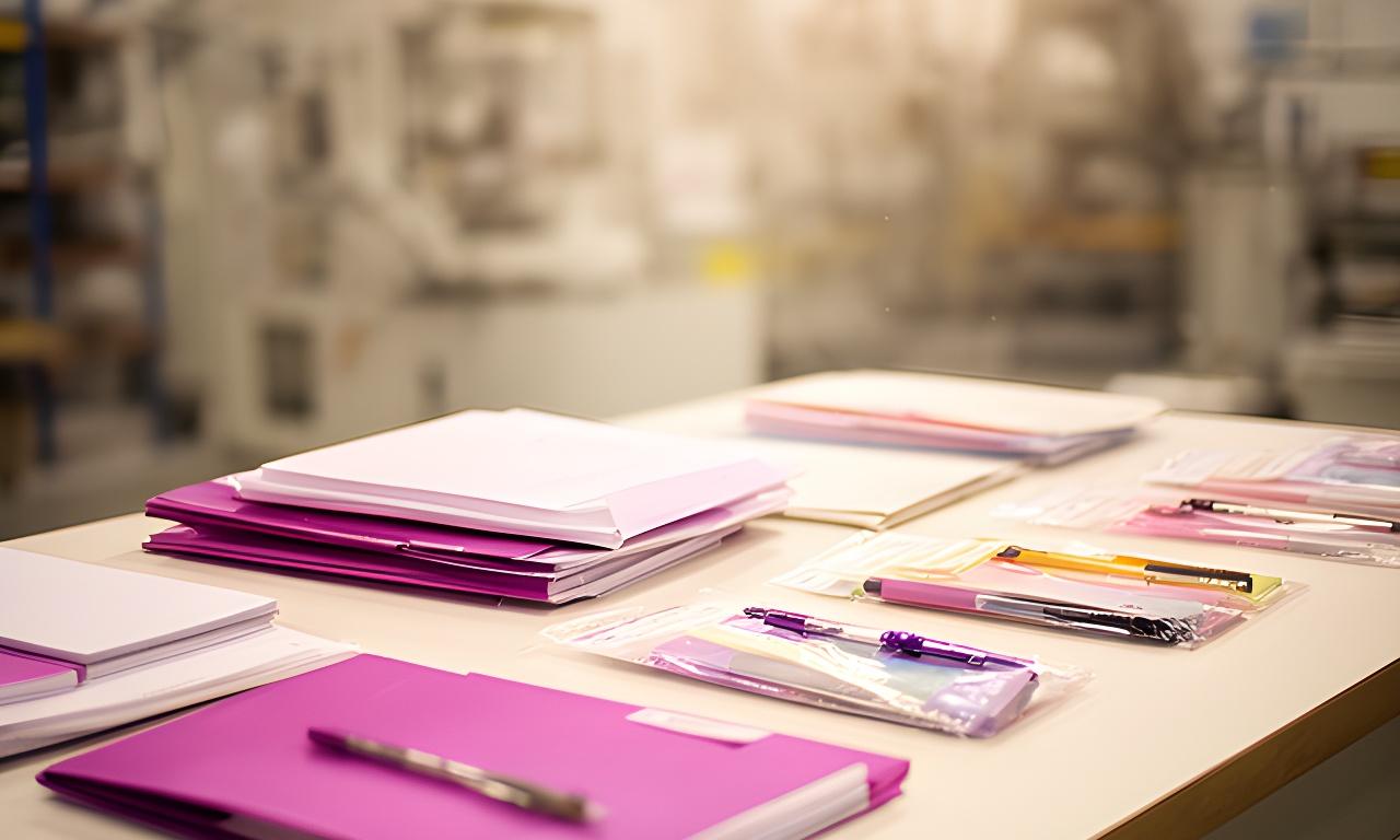 Mesa de trabajo con suministros de oficina fabricados localmente, cuadernos, carpetas y bolígrafos prolijamente dispuestos en un entorno industrial luminoso