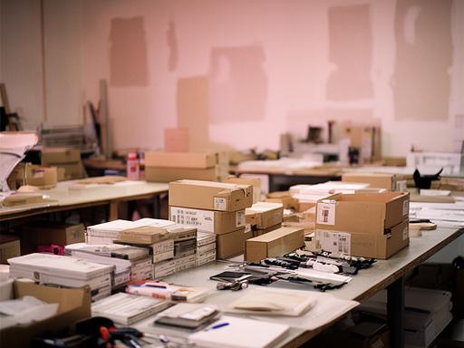 Primer taller de fabricación con mesas de trabajo y cajas de suministros de oficina