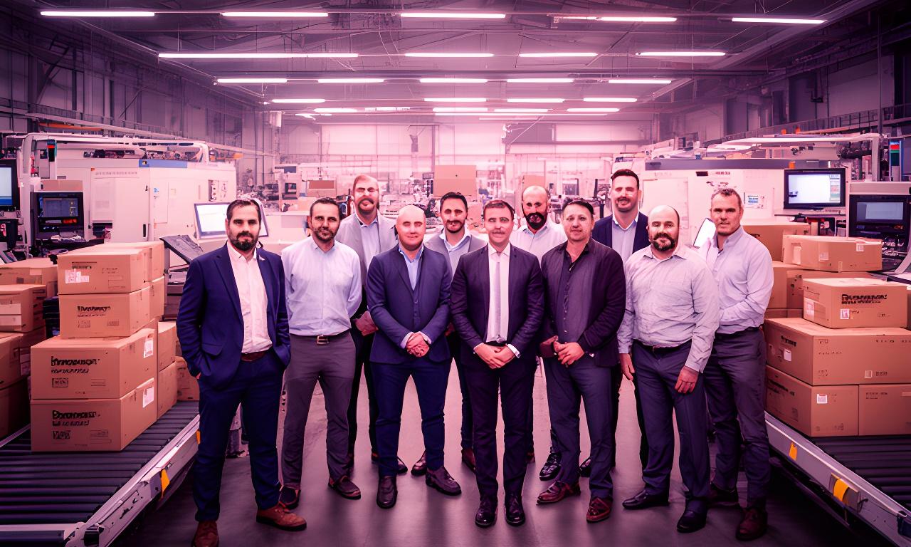Equipo completo de Tango Distribución reunido dentro de la planta con cajas de suministros de oficina listas para despacho