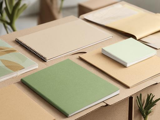 Línea de productos ecológicos con cuadernos y carpetas sobre una mesa de embalaje sustentable