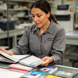 Miranda Pereyra revisando calidad de cuadernos junto a una mesa de inspección