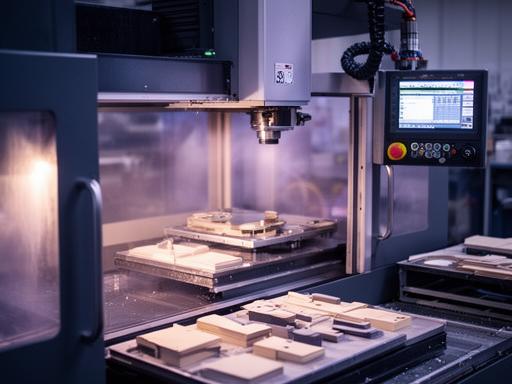 Maquinaria CNC trabajando piezas de oficina con tablero digital iluminado en la planta