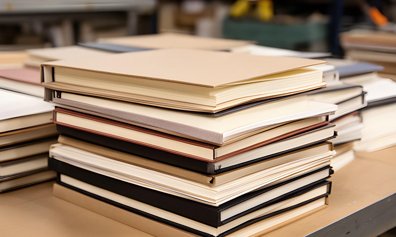 Cuadernos personalizados apilados sobre una mesa de producción con detalle de tapas y terminaciones