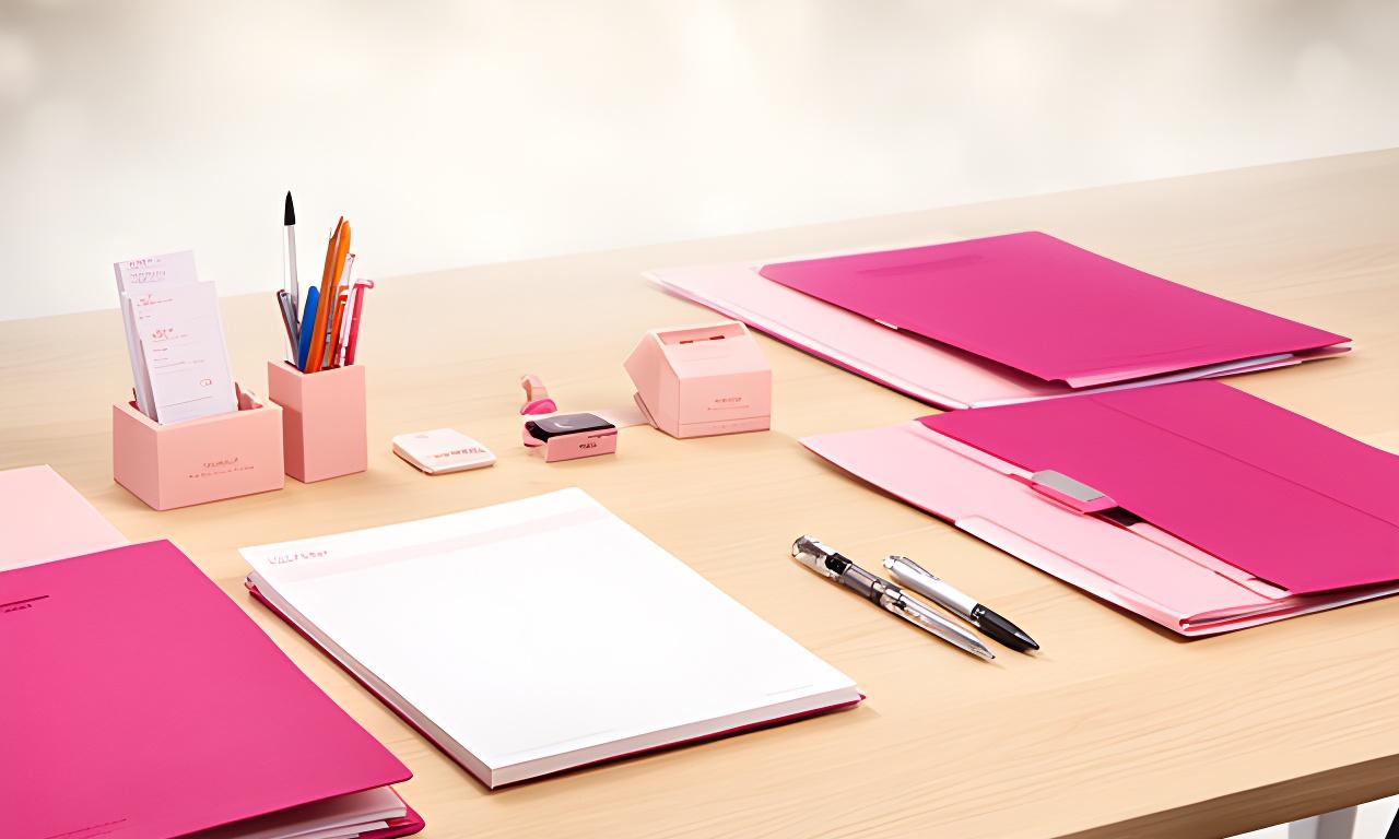 Mesa de trabajo con suministros de oficina ordenados, cuadernos, carpetas y bolígrafos sobre una superficie luminosa