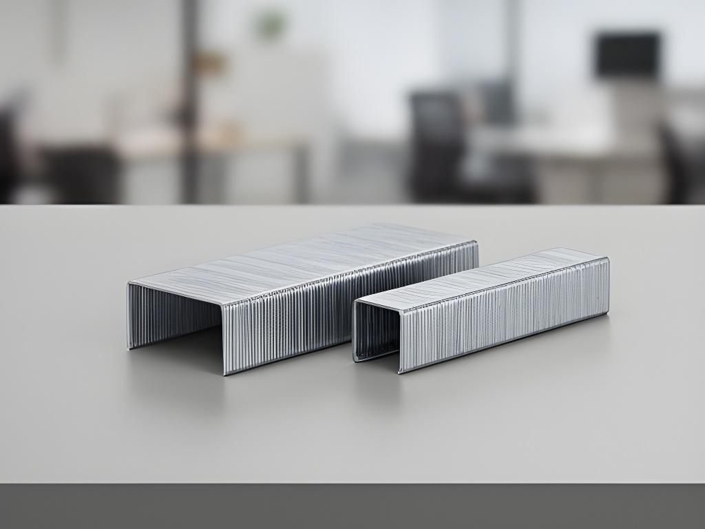 Paquete de grapas galvanizadas sobre escritorio con luz suave y fondo ordenado de oficina