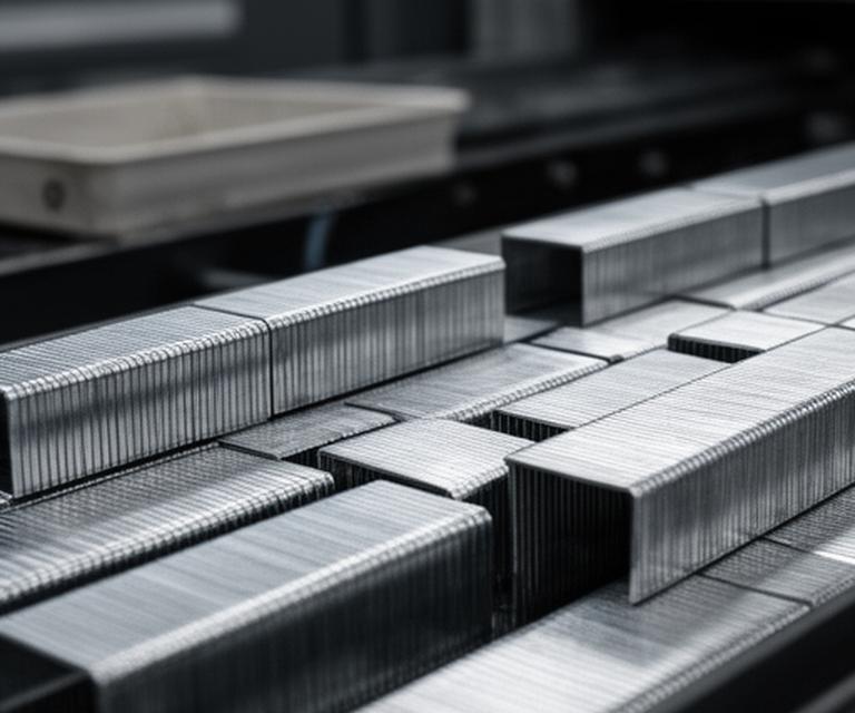 Grapas industriales ordenadas en una línea de control con acabado metálico brillante