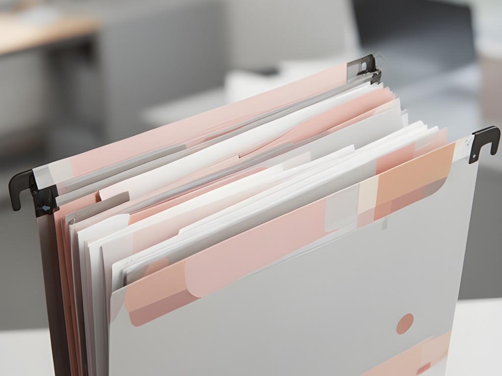 Carpeta colgante oficio abierta con papeles clasificados en un archivo de oficina moderno