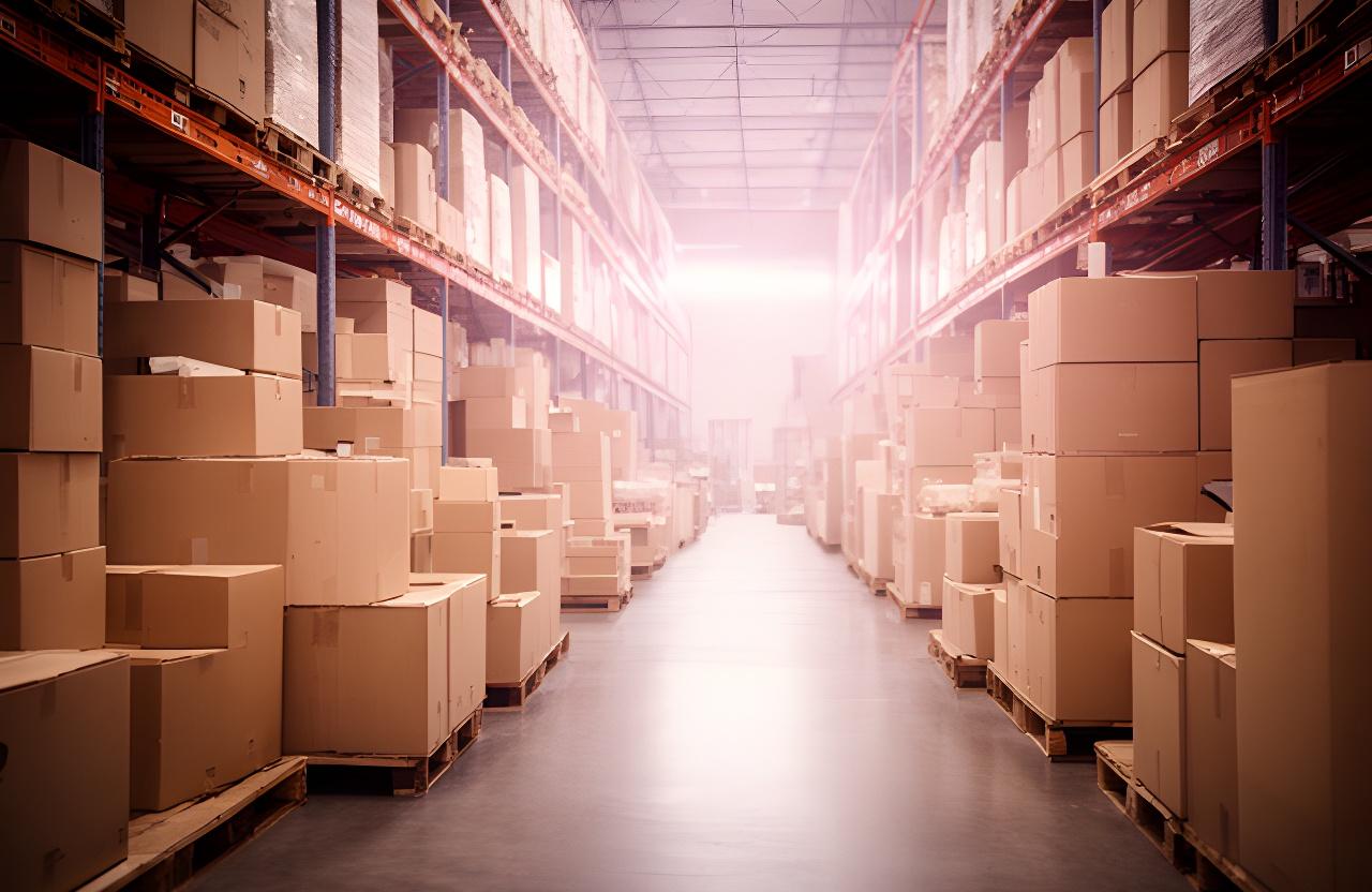 Depósito de suministros de oficina con cajas apiladas, pasillos ordenados y luz cálida de fábrica