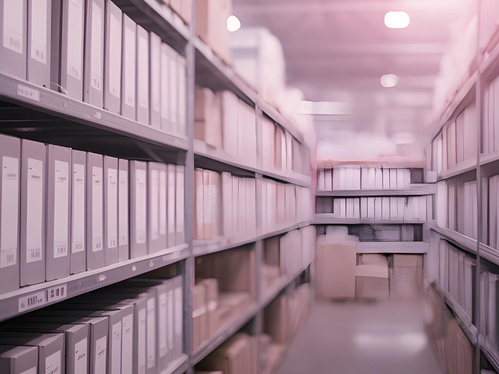 Carpetas de archivo alineadas en estantería de depósito con iluminación suave y aspecto profesional