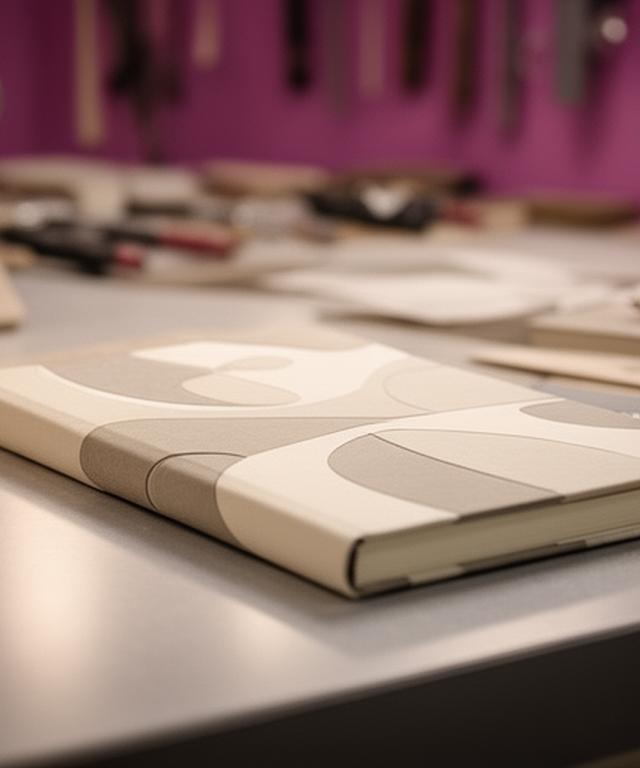 Cuaderno corporativo personalizado con logo grabado sobre escritorio elegante y luz suave de taller