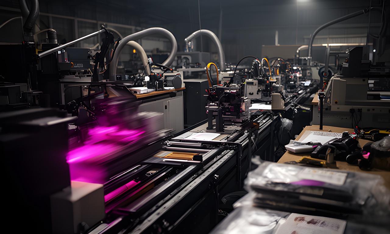 Línea de fabricación de suministros de oficina en un taller argentino iluminado con detalle industrial