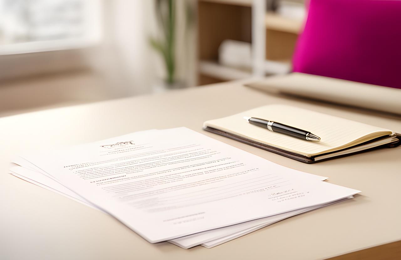 Mesa de trabajo con contrato impreso, cuaderno y bolígrafo en una oficina luminosa