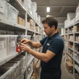 Facundo Lorente organizando estanterías de stock y etiquetas de inventario en el depósito