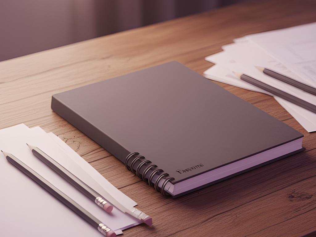 Cuaderno espiral con tapa dura sobre mesa de madera junto a lápices y papeles de trabajo